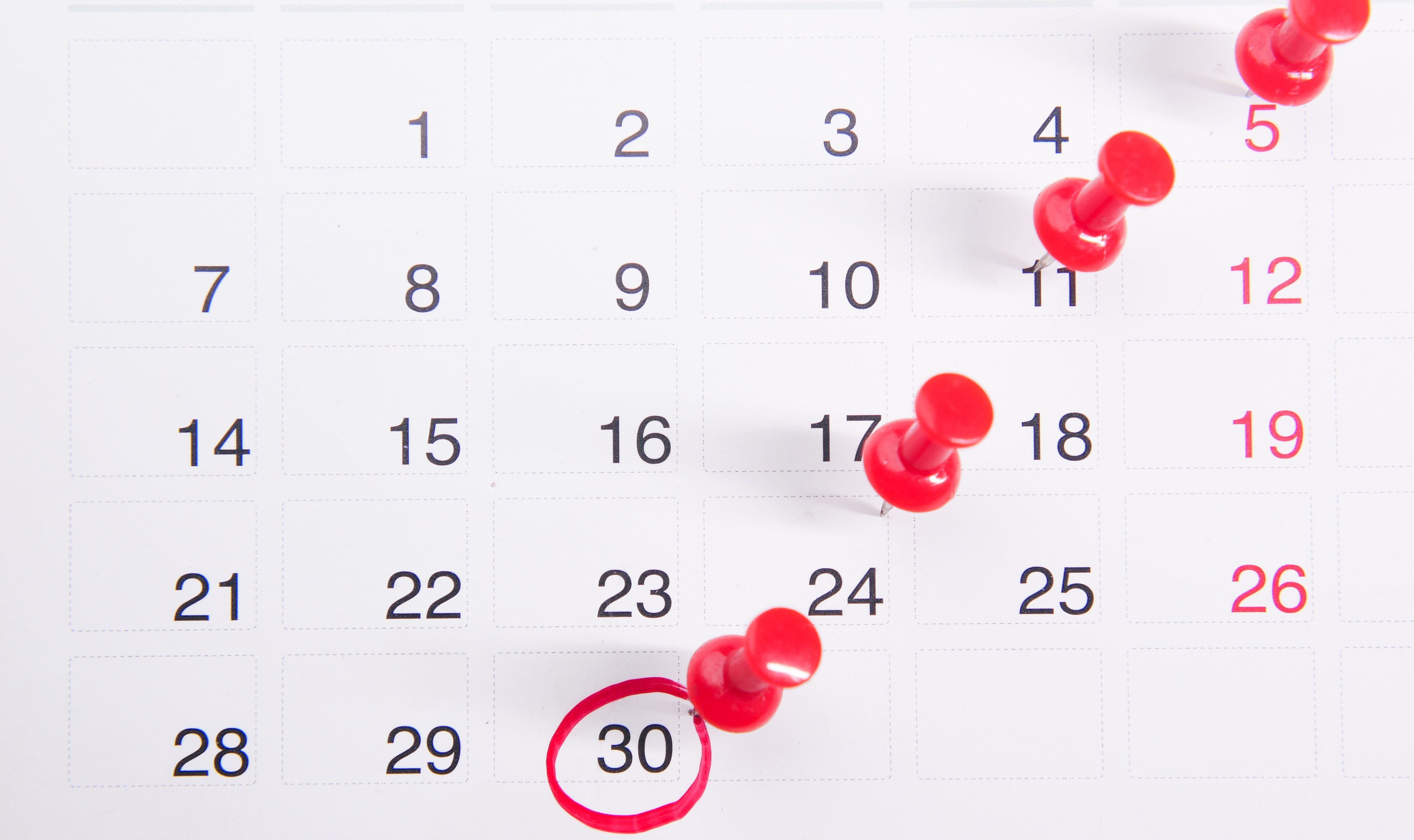 Kalenderblatt mit roten Stecknadeln an mehreren Tagen und dem 30. Tag, der rot eingekreist ist.
