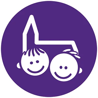 Symbol mit zwei lächelnden Kinderköpfen vor einem stilisierten Kirchengebäude auf lila Hintergrund.