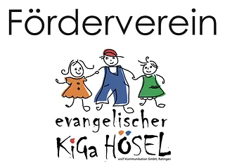 Logo des Fördervereins Evangelischer Kindergarten Hösel mit drei lachenden Kindern in bunter Kleidung.