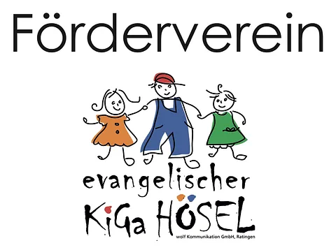 Logo des Fördervereins Evangelischer Kindergarten Hösel mit drei lachenden Kindern in bunter Kleidung.