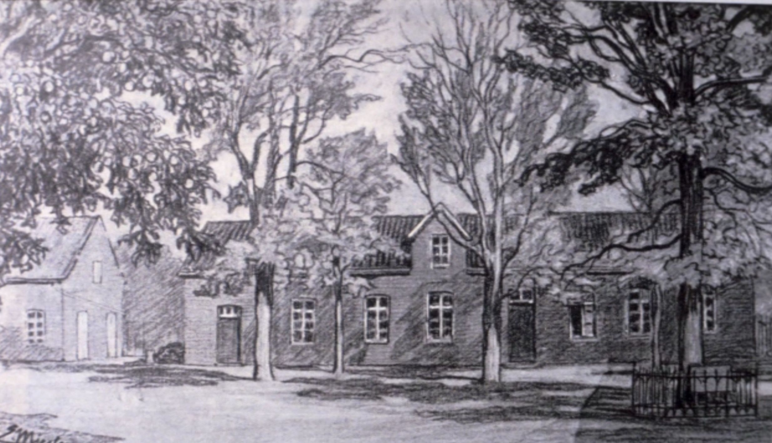 Pastellzeichnung der alten Höseler Schule mit Bäumen im Vordergrund und mehreren Gebäuden im Hintergrund.