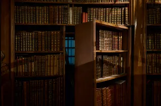 Eine altes, hölzernes Bücherregal, gefüllt mit alten, ledereingebundenen Büchern. Im Regal öffnet sich eine Geheimtür zu einem weiteren Raum.
