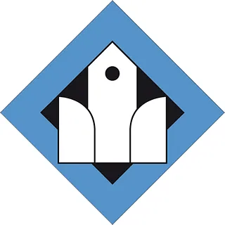 Logo der Aktion "Offene Kirche", mit stilisierter weißer Kirche in einem schwarzen Quadrat, umgeben von einem blauen Rautenhintergrund.