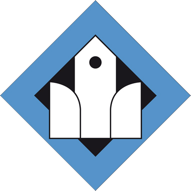 Logo der Aktion "Offene Kirche", mit stilisierter weißer Kirche in einem schwarzen Quadrat, umgeben von einem blauen Rautenhintergrund.