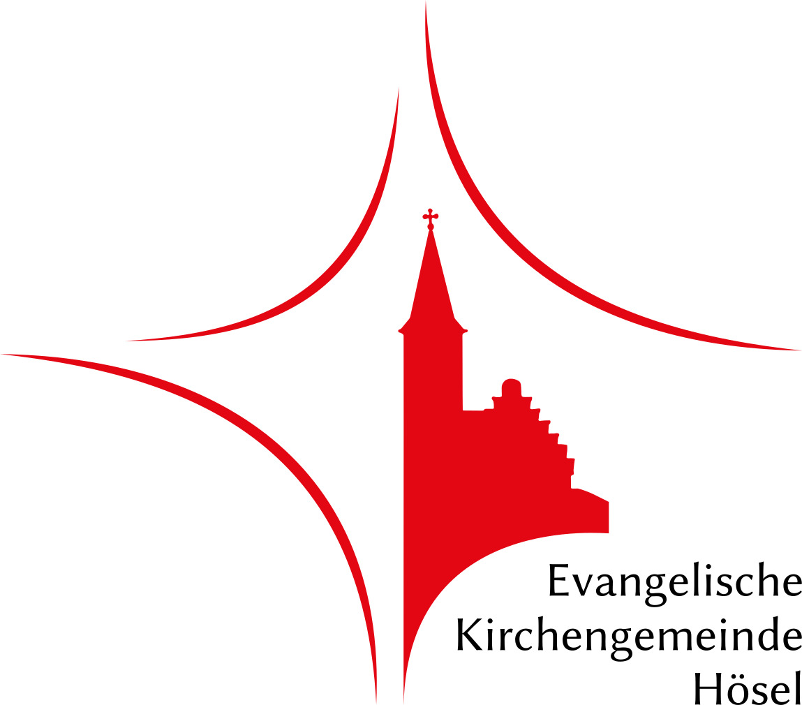 Logo der Evangelischen Kirchengemeinde Hösel: Rote, stilisierte Kirche, umgeben von drei geschwungenen Linien.
