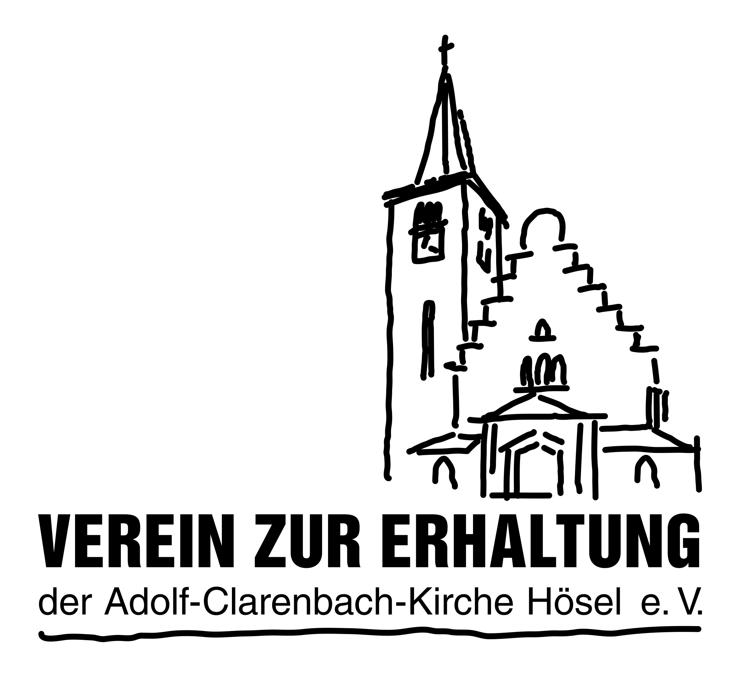Logo des Vereins zur Erhaltung der Adolf-Clarenbach-Kirche Hösel e.V. mit stilisierter Kirchenzeichnung und Schriftzug.