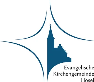 Logo der Evangelischen Kirchengemeinde Hösel: Stahlblaue, stilisierte Kirche, umgeben von drei geschwungenen Linien, dazu der Schriftzug: Evangelische Kirchengemeinde Hösel