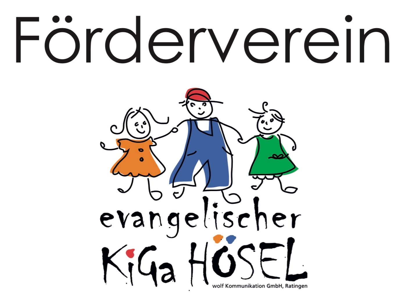 Logo des Fördervereins Evangelischer Kindergarten Hösel mit drei lachenden Kindern in bunter Kleidung.