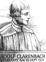 Porträt von Adolf Clarenbach in historischer Kleidung, mit Text "Adolf Clarenbach, verbrannt am 28. Sept. 1529"